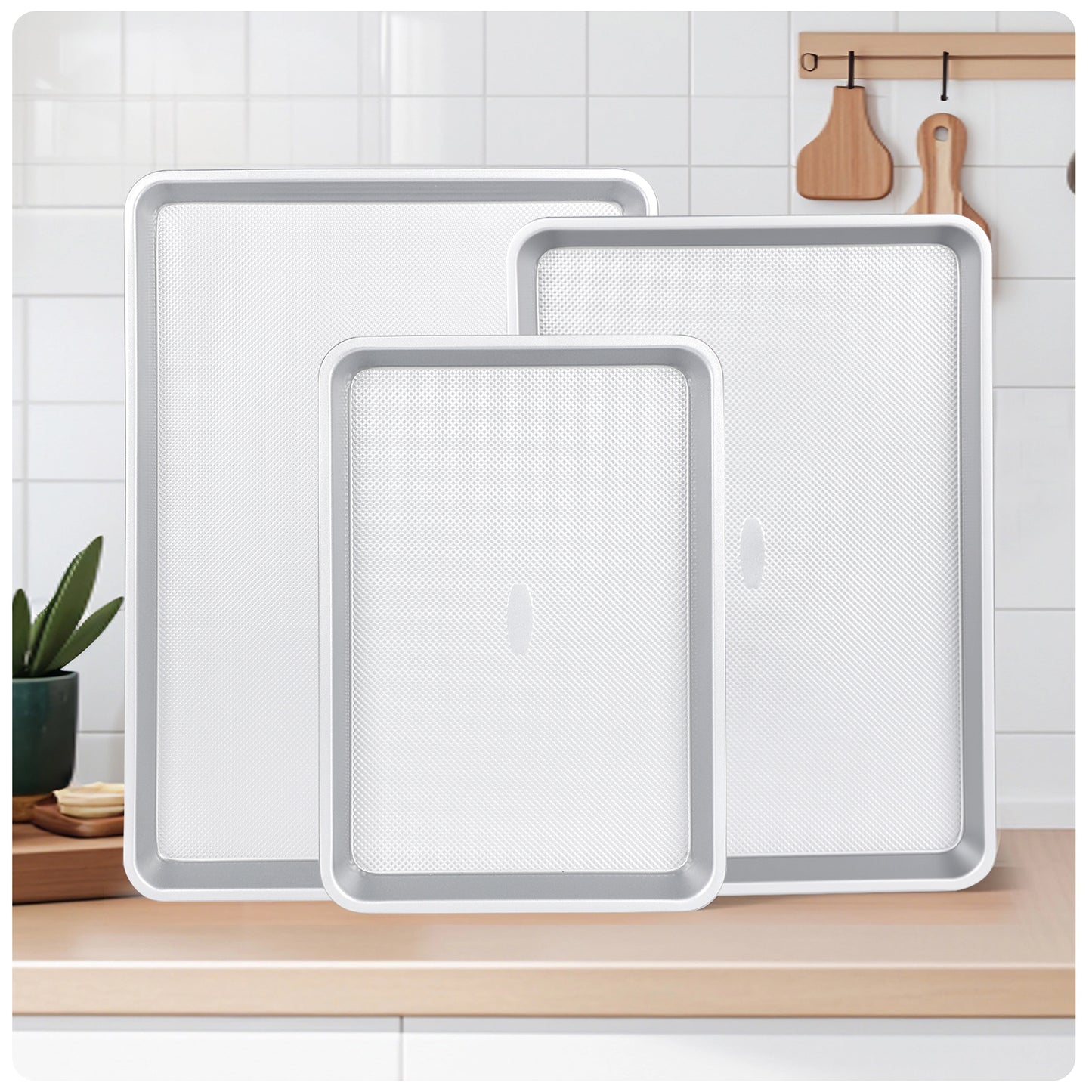Spmarkt 3-Piece Non-Stick Baking Sheet Set | PFOA/PFOS/PTFE-Free, 0.8mm Heavy-Duty Steel with Diamond Texture Surface | Stackable Design for Roasting, Baking & Toasting