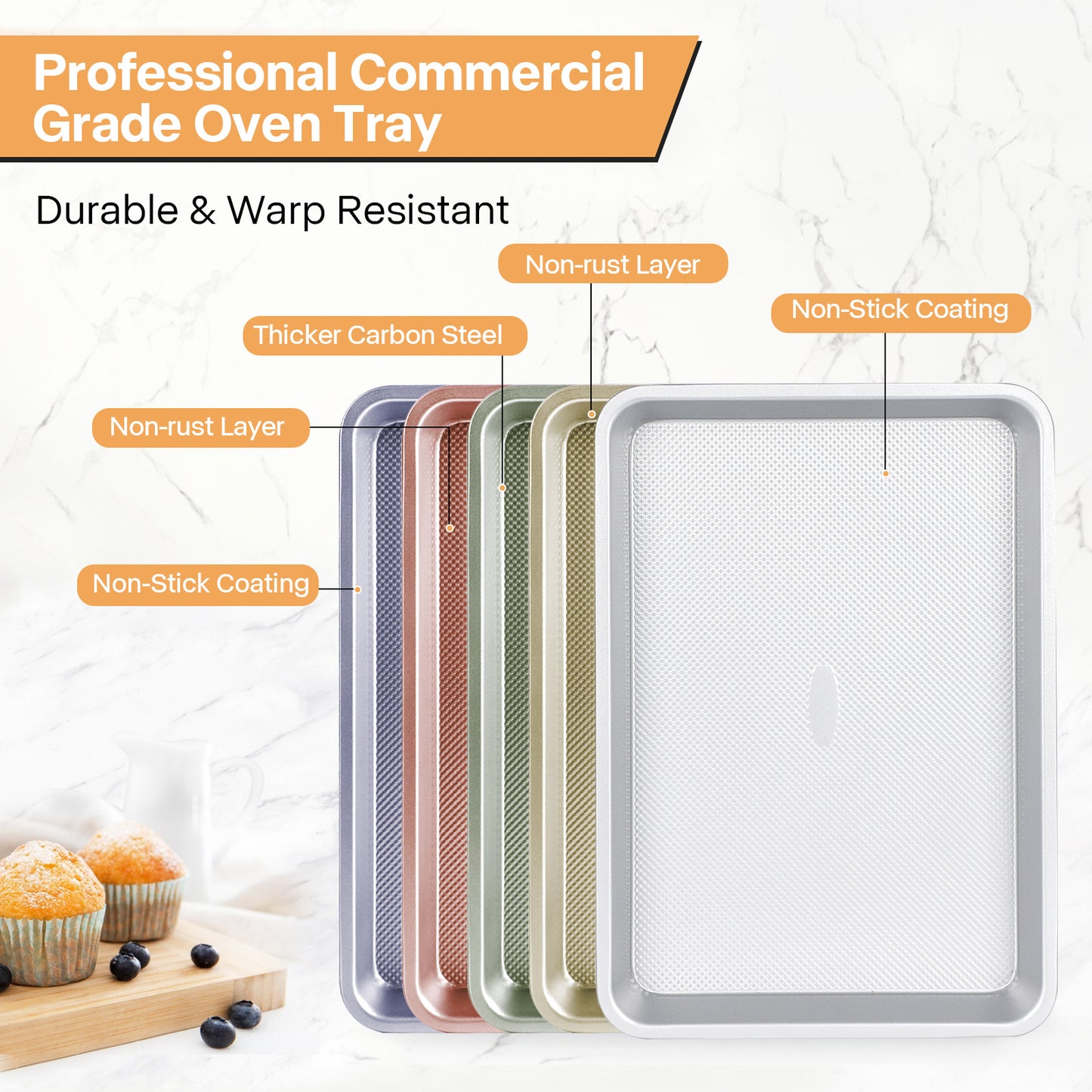 Spmarkt 3-Piece Non-Stick Baking Sheet Set | PFOA/PFOS/PTFE-Free, 0.8mm Heavy-Duty Steel with Diamond Texture Surface | Stackable Design for Roasting, Baking & Toasting