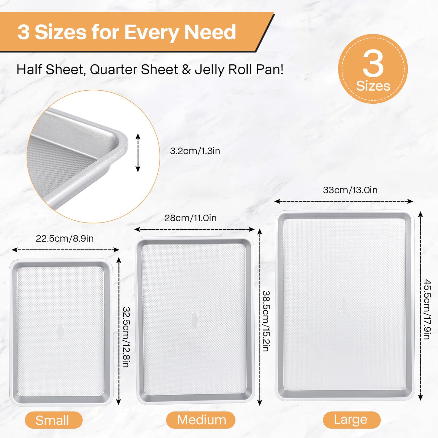 Spmarkt 3-Piece Non-Stick Baking Sheet Set | PFOA/PFOS/PTFE-Free, 0.8mm Heavy-Duty Steel with Diamond Texture Surface | Stackable Design for Roasting, Baking & Toasting