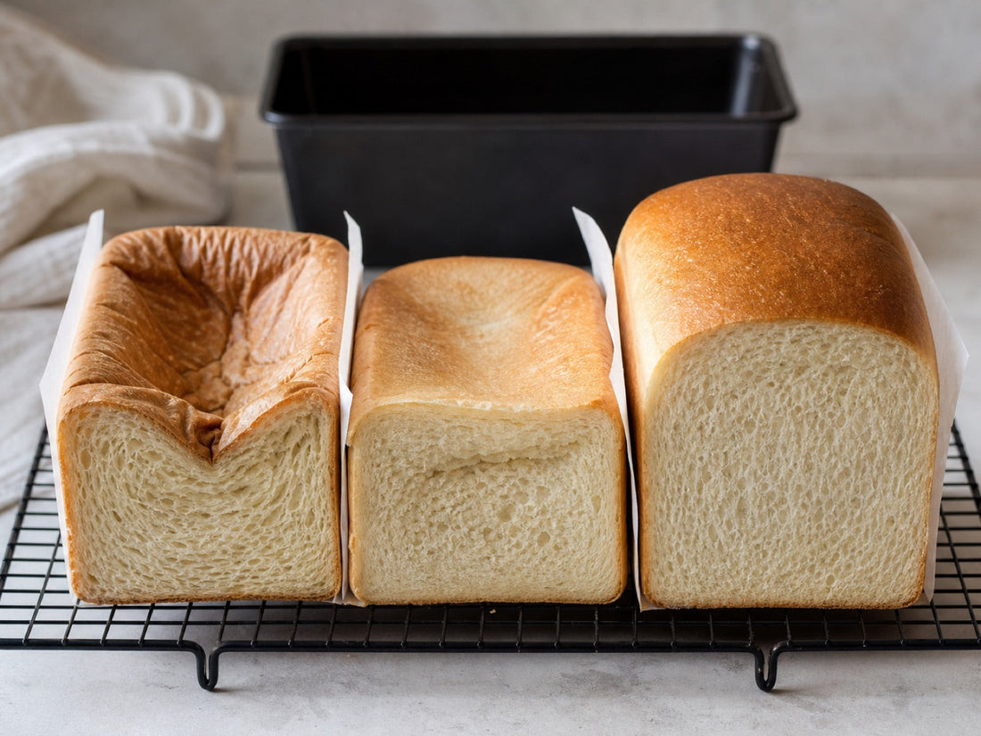 Pan loaves comparing collapsed, compressed, and successful proofing results