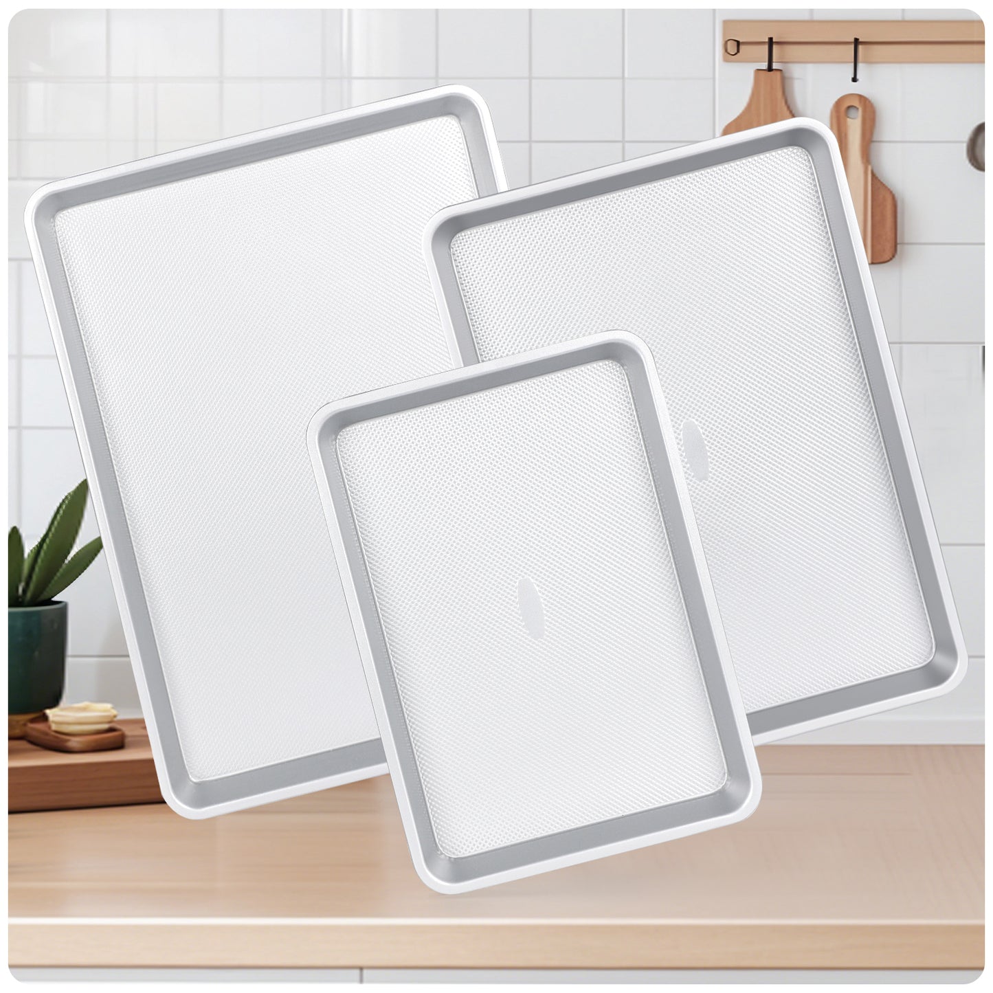 Spmarkt 3-Piece Non-Stick Baking Sheet Set | PFOA/PFOS/PTFE-Free, 0.8mm Heavy-Duty Steel with Diamond Texture Surface | Stackable Design for Roasting, Baking & Toasting
