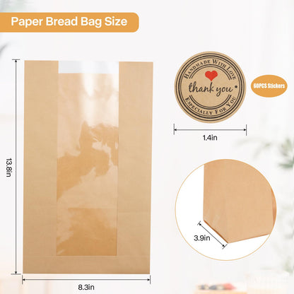 Bread Bags for Homemade Bread, 13.8x8.3inch Sourdough Bread Bags, 50-Pack Paper Bread Loaf Bags with Windows for Birthday Parties Weddings Food Packaging Storage