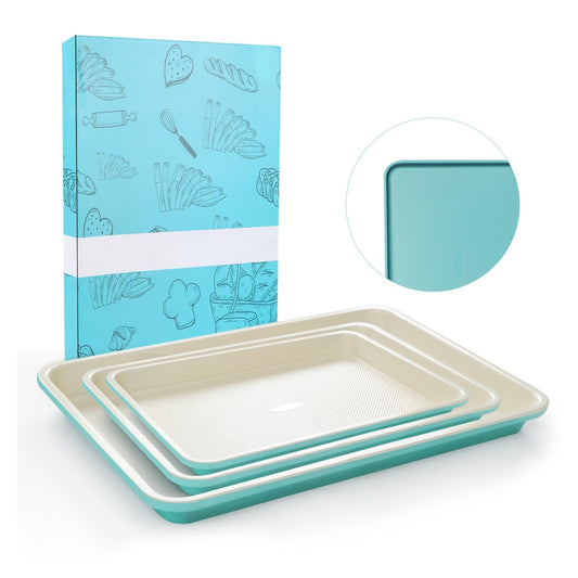 Spmarkt 3-Pack Blue Ceramic-Coating Baking Sheet Pans, PFOA/PFOS/PTFE-Free Nonstick Cookie Sheet Trays, 0.8mm Thick Heavy Duty, with Diamond Texture, Replacement Toaster Oven Tray for Everyday Baking