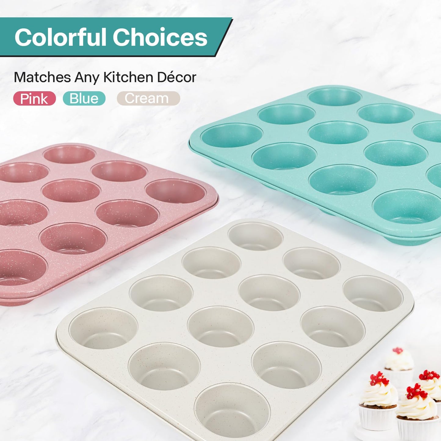 Spmarkt 2-Pack Pink Nonstick Muffin Pans, 12-Cup Muffin Cake Pan, 5-Layer Free PFOA/PFOS/PTFE Safe Cupcake Pan, Durable & Easy-Clean Muffin Cup for Baking