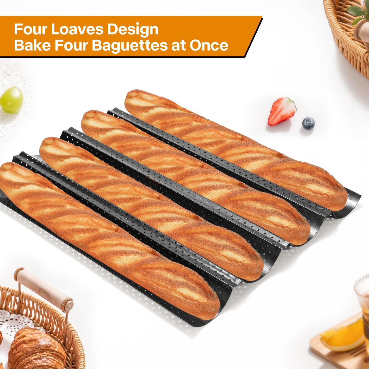 Spmarkt 4-Slot French Baguette Pan Set, Non-Stick French Bread Pan, Baguette Baking Pan with Proofing Cloth, Bread Lame, Home Baking Tools Kit for Homemade Bread