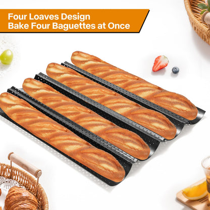 Spmarkt 4-Slot French Baguette Pan Set, Non-Stick French Bread Pan, Baguette Baking Pan with Proofing Cloth, Bread Lame, Home Baking Tools Kit for Homemade Bread