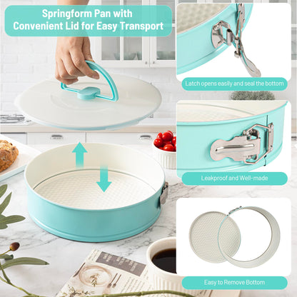 Spmarkt Cheesecake Pan with Removed Bottom and lid, 10-Inch Blue Spring Form Pan for Cheesecake, Springform Pan 10 inch Nonstick, Easy to Clean, Perfect for Baking & Transporting Cakes