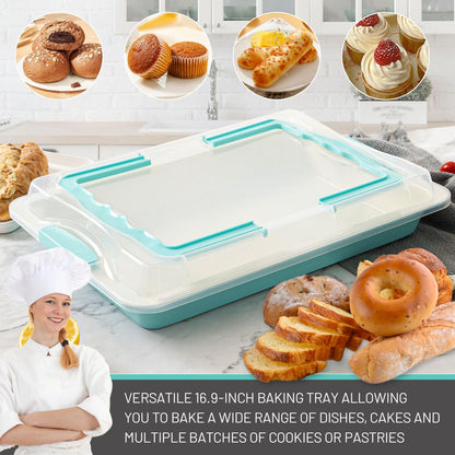 Spmarkt Baking Sheet Pan with Lid, 17inch*12inch Non-Stick Ceramic-Coating Sheet Cake Pan with lid, Easy to Clean, Ovan Safe Baking Tray, Ideal for Baking, Party, and Outdoor Picnics