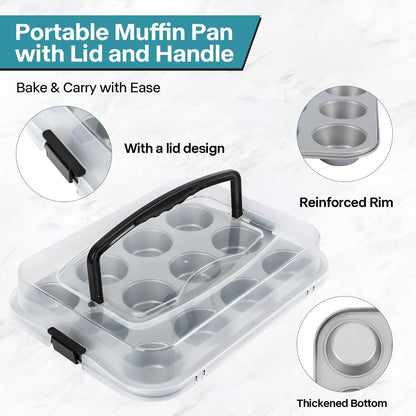 Spmarkt 2-Pack Muffin Pan with Carry Lid, Non-Stick 12-Cup Muffin Tin, Silver Cupcake Pan with Lid and Handle for Transporting, Suitable for Party, Holiday, Gathering etc
