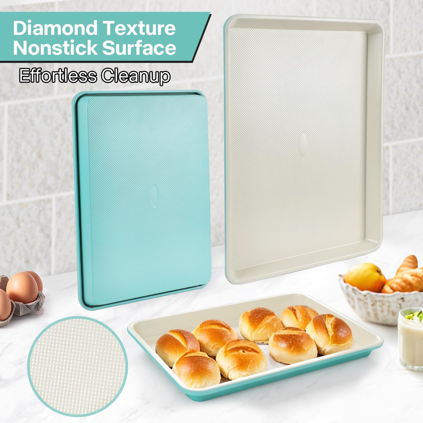 Spmarkt 3-Pack Blue Ceramic-Coating Baking Sheet Pans, PFOA/PFOS/PTFE-Free Nonstick Cookie Sheet Trays, 0.8mm Thick Heavy Duty, with Diamond Texture, Replacement Toaster Oven Tray for Everyday Baking