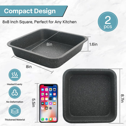 2-Pack 8 inch Square Cake Pan, 8x8 Baking Pan, Cornbread Square Baking Pan, Perfect for Brownies, Lasagna,Oven Safe