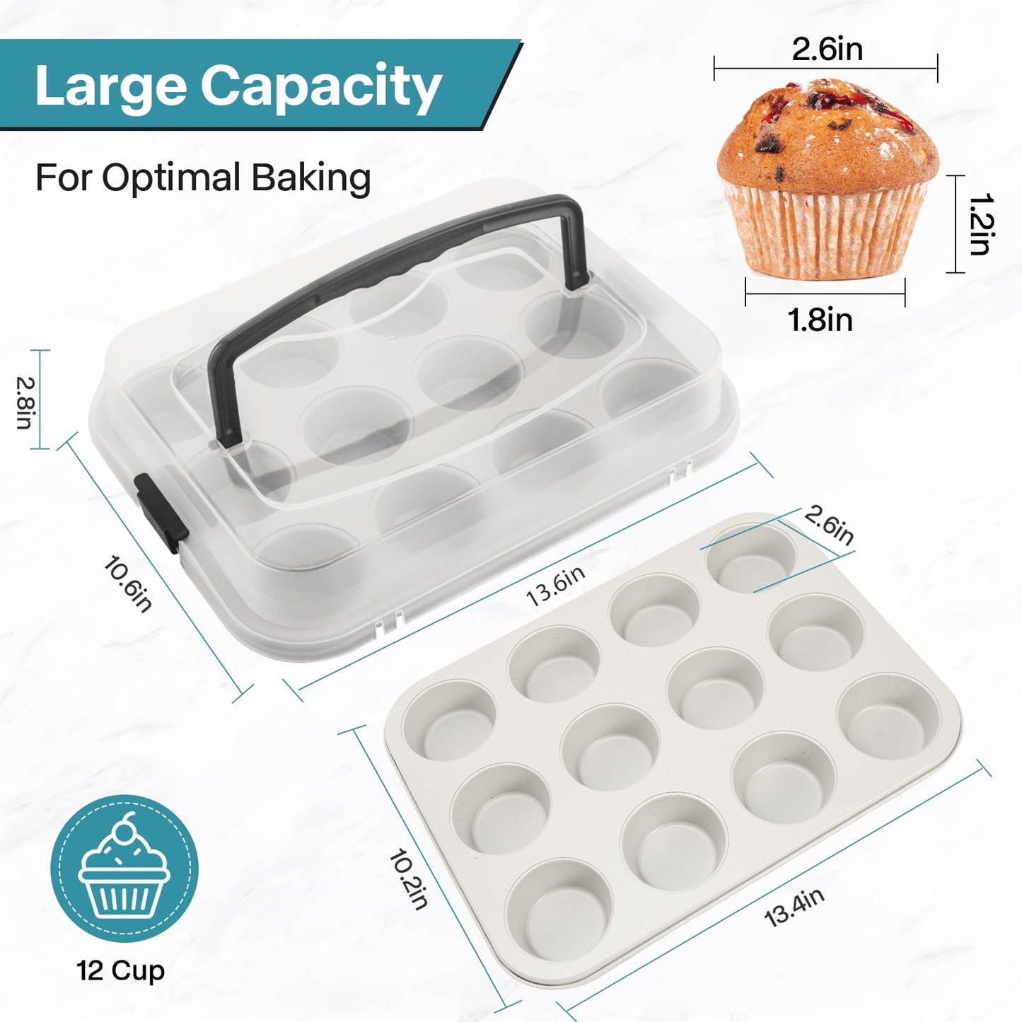 Spmarkt 2-Pack Beige Muffin Pan, Non-Stick 12-Cup Cupcake Pan with Lid, Cupcake Pan with Lid and Handle, Perfect for Holidays, Birthdays, and Family Gatherings