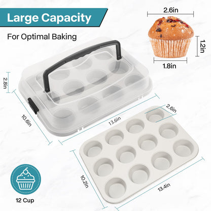 Spmarkt 2-Pack Beige Muffin Pan, Non-Stick 12-Cup Cupcake Pan with Lid, Cupcake Pan with Lid and Handle, Perfect for Holidays, Birthdays, and Family Gatherings