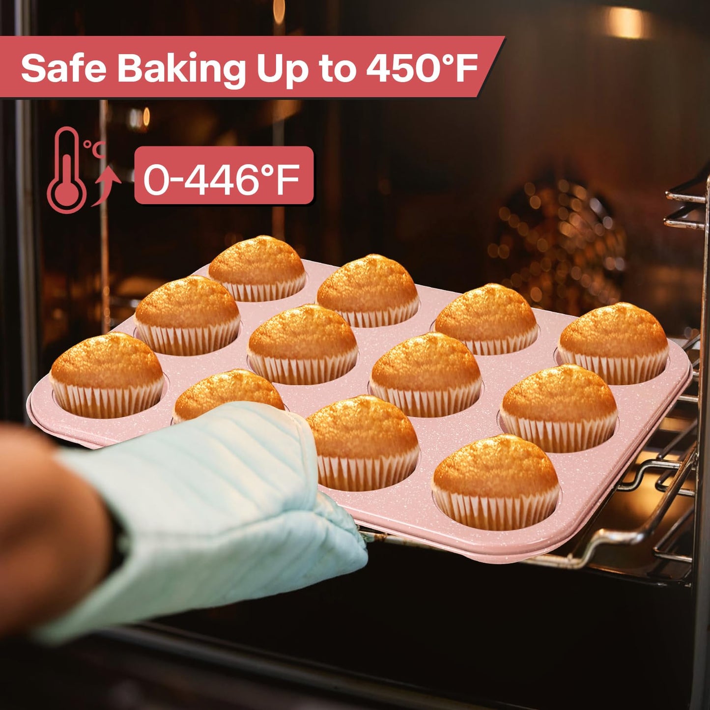 Spmarkt 2-Pack Pink Nonstick Muffin Pans, 12-Cup Muffin Cake Pan, 5-Layer Free PFOA/PFOS/PTFE Safe Cupcake Pan, Durable & Easy-Clean Muffin Cup for Baking