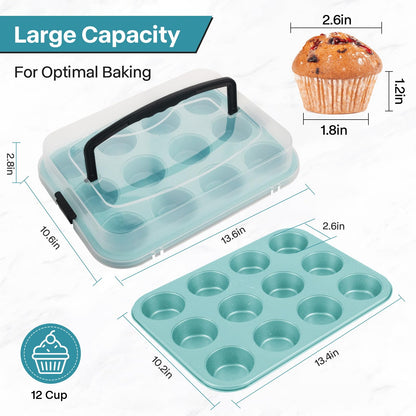 Spmarkt Blue 12-Cup Muffin Pan with Lid, 2-Pack Metal Cupcake Pan with Handle, Portable Blue Muffin Pans Nonstick 12 with Cover Ideal for Easy Carrying, Holiday, Party and Travel