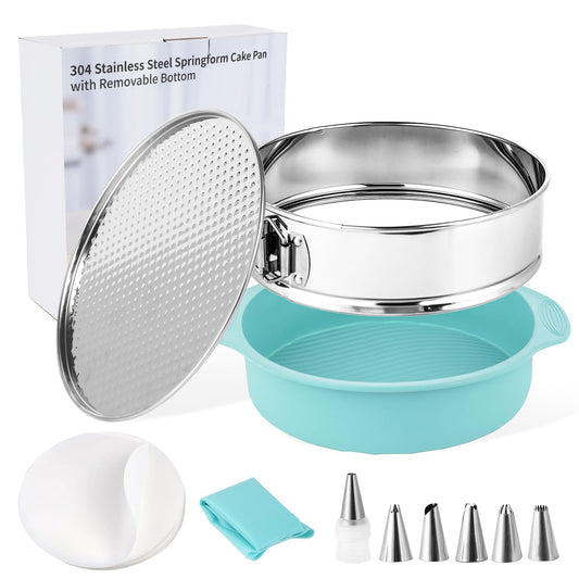 Spmarkt 9inch 304 Stainless Steel Springform Cake Pan with Detachable Bottom, Silicone Cheesecake Pan Protector, Parchment Paper, Decorating Kit Piping Bags and Tips- Ideal for Home Bakers