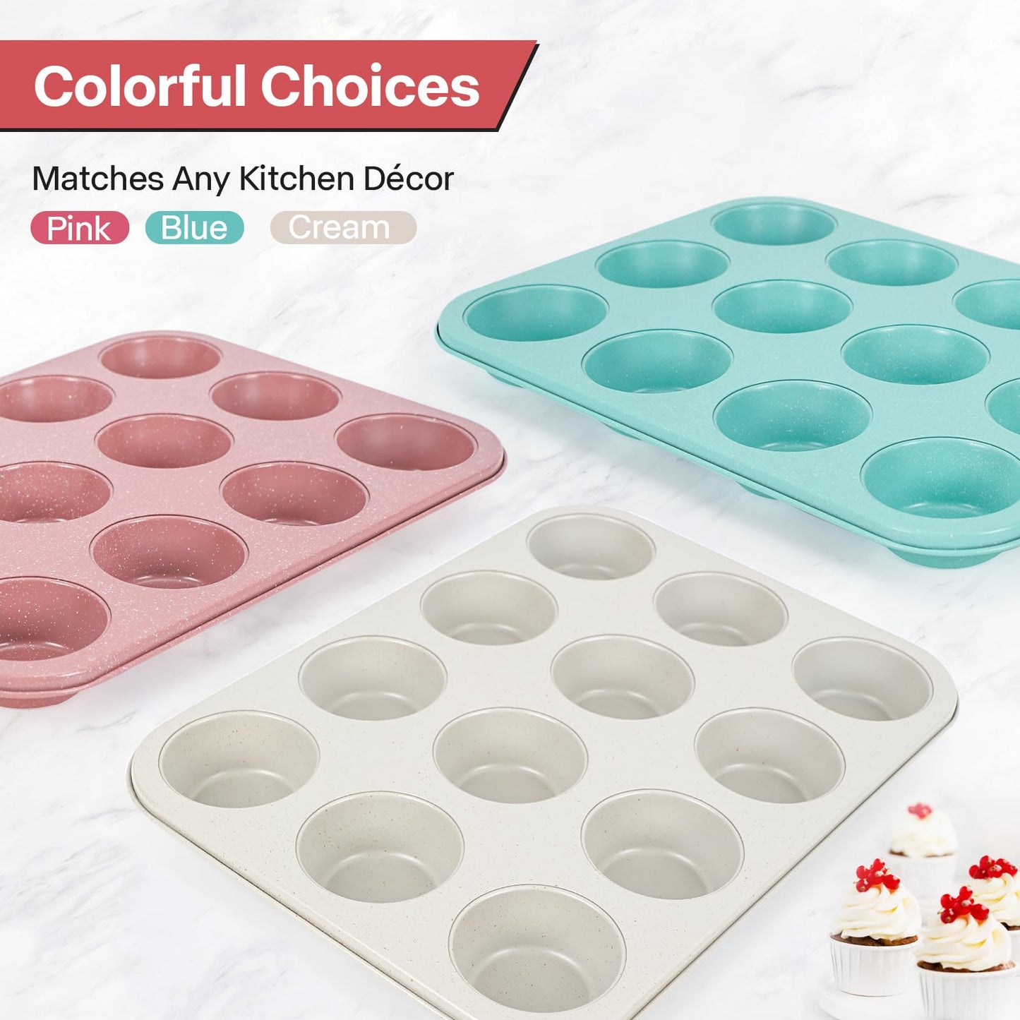 Spmarkt 2-Pack Pink Nonstick Muffin Pans, 12-Cup Muffin Cake Pan, 5-Layer Free PFOA/PFOS/PTFE Safe Cupcake Pan, Durable & Easy-Clean Muffin Cup for Baking