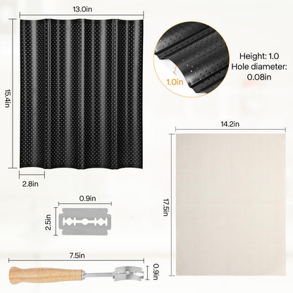 Spmarkt 4-Slot French Baguette Pan Set, Non-Stick French Bread Pan, Baguette Baking Pan with Proofing Cloth, Bread Lame, Home Baking Tools Kit for Homemade Bread