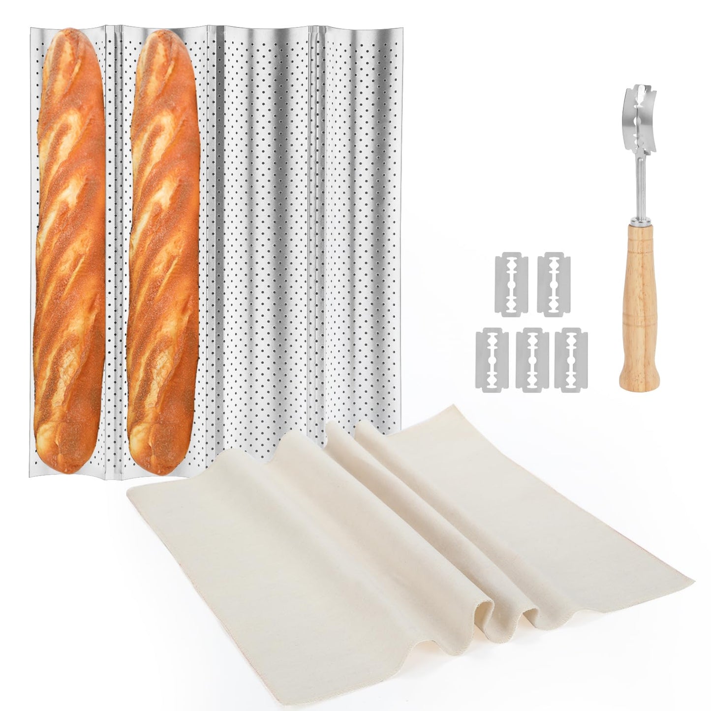 Spmarkt 4-Slot French Baguette Pan Set, Non-Stick French Bread Pan, Baguette Baking Pan with Proofing Cloth, Bread Lame, Home Baking Tools Kit for Homemade Bread