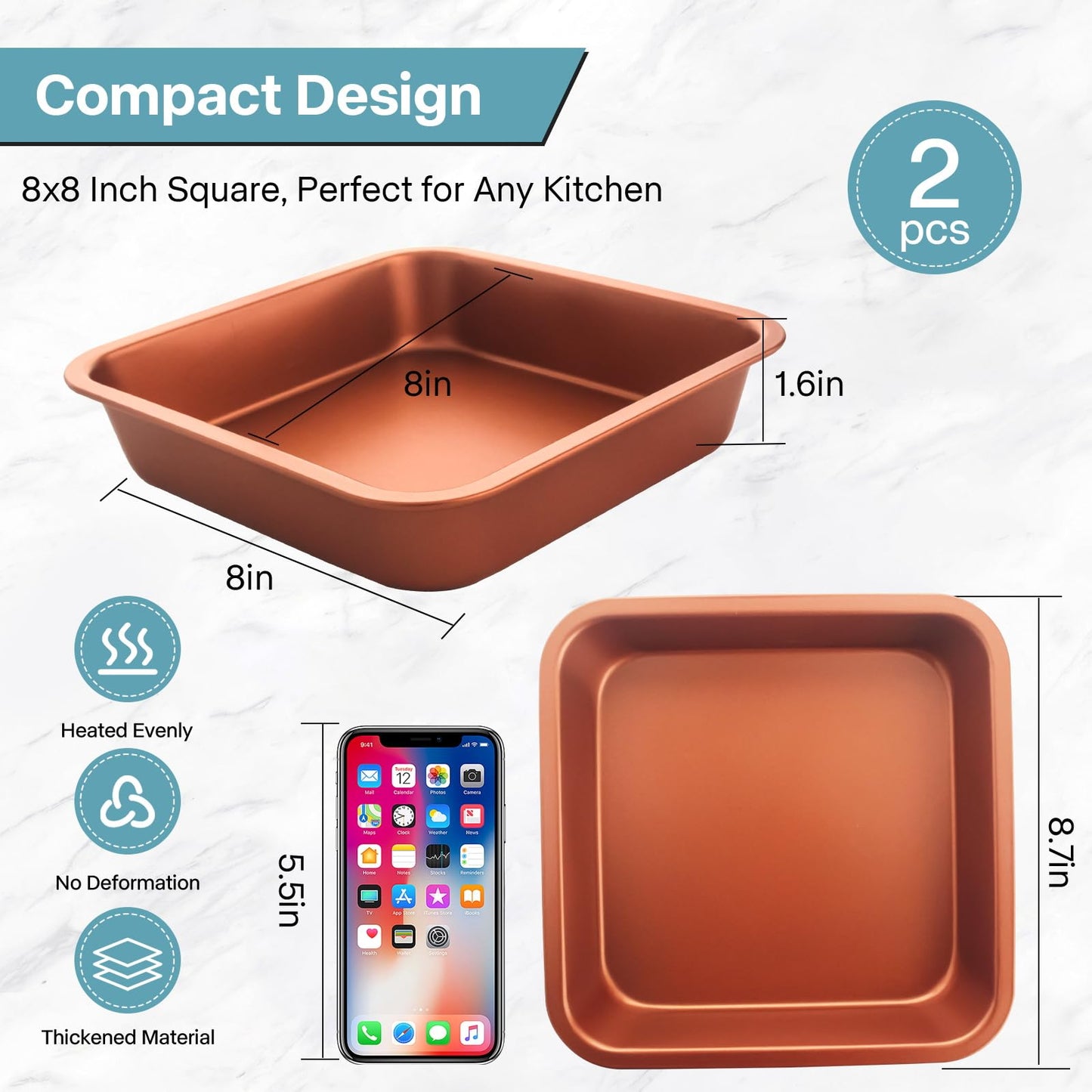 2-Pack 8 inch Square Cake Pan, 8x8 Baking Pan, Cornbread Square Baking Pan, Perfect for Brownies, Lasagna,Oven Safe