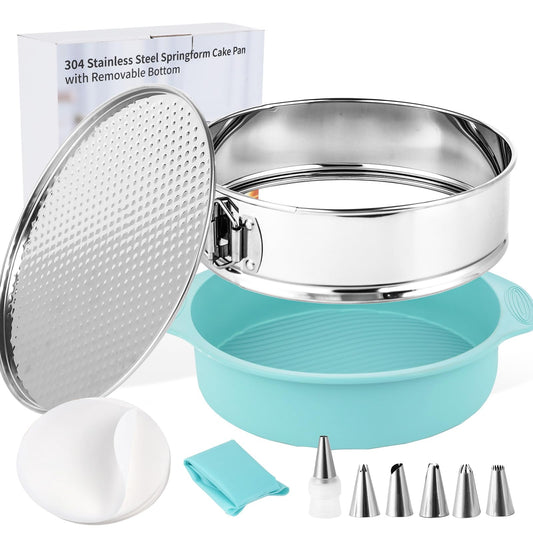 Spmarkt 10-inch Stainless Steel Springform Pan with Silicone Protector, Removable Bottom, Parchment Paper, Decorating Kit Piping Bags and Tips- Great for Birthday Parties