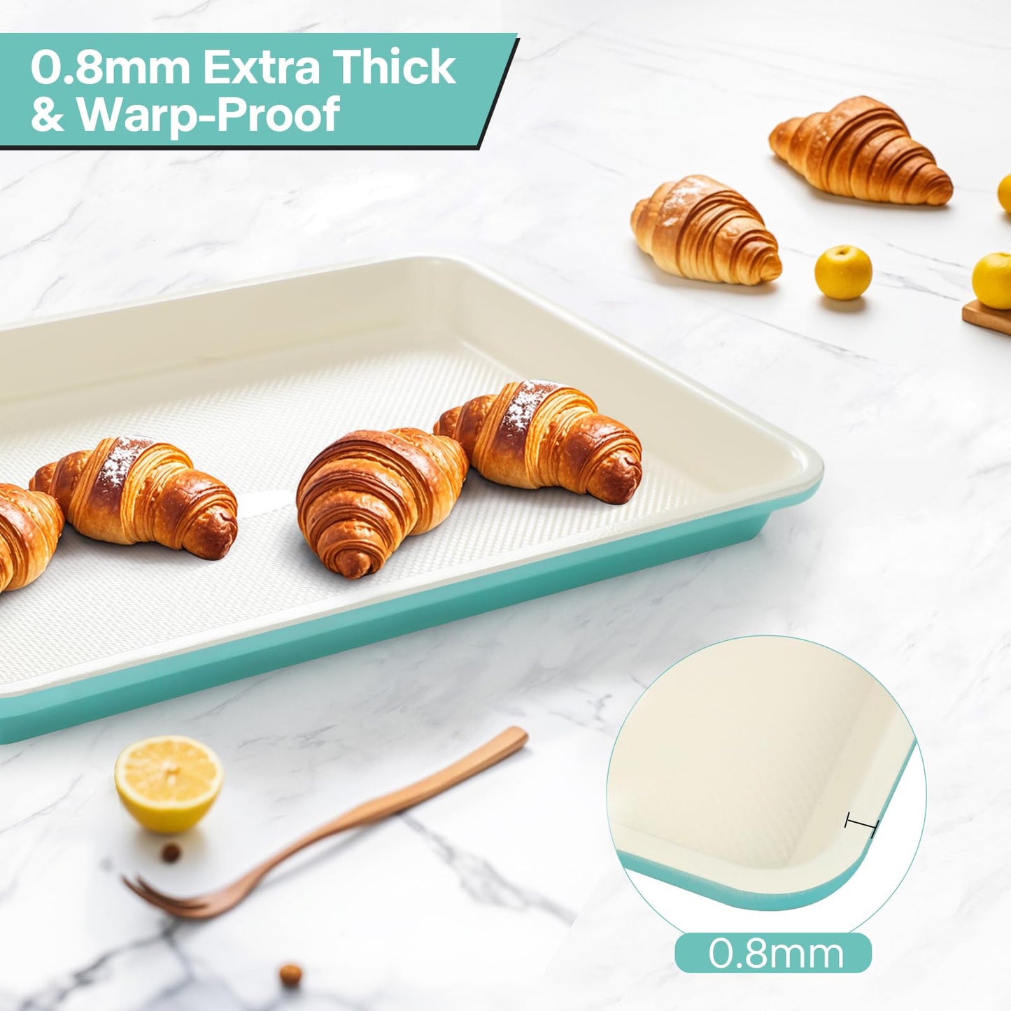 Spmarkt 3-Pack Blue Ceramic-Coating Baking Sheet Pans, PFOA/PFOS/PTFE-Free Nonstick Cookie Sheet Trays, 0.8mm Thick Heavy Duty, with Diamond Texture, Replacement Toaster Oven Tray for Everyday Baking