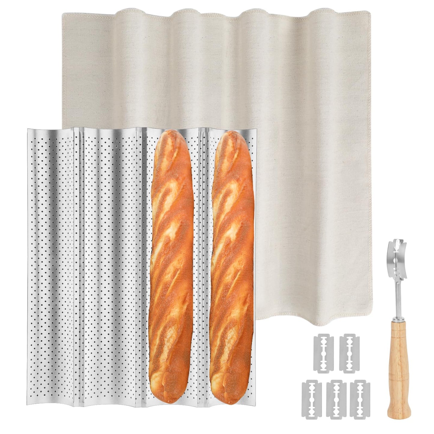 Spmarkt 4-Slot French Baguette Pan Set, Non-Stick French Bread Pan, Baguette Baking Pan with Proofing Cloth, Bread Lame, Home Baking Tools Kit for Homemade Bread