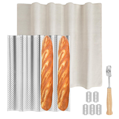 Spmarkt 4-Slot French Baguette Pan Set, Non-Stick French Bread Pan, Baguette Baking Pan with Proofing Cloth, Bread Lame, Home Baking Tools Kit for Homemade Bread