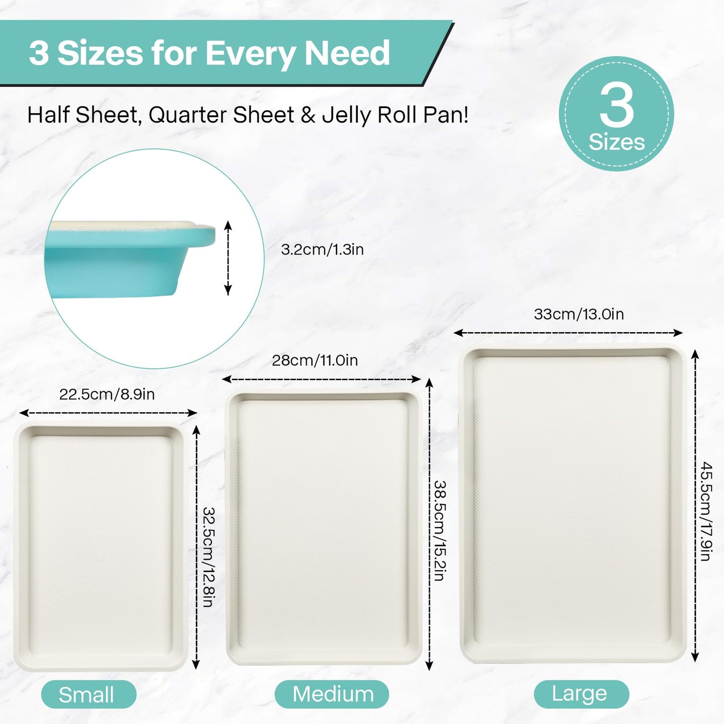 Spmarkt 3-Pack Blue Ceramic-Coating Baking Sheet Pans, PFOA/PFOS/PTFE-Free Nonstick Cookie Sheet Trays, 0.8mm Thick Heavy Duty, with Diamond Texture, Replacement Toaster Oven Tray for Everyday Baking