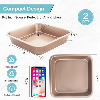 2-Pack 8 inch Square Cake Pan, 8x8 Baking Pan, Cornbread Square Baking Pan, Perfect for Brownies, Lasagna,Oven Safe