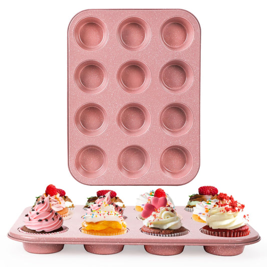 Spmarkt 2-Pack Pink Nonstick Muffin Pans, 12-Cup Muffin Cake Pan, 5-Layer Free PFOA/PFOS/PTFE Safe Cupcake Pan, Durable & Easy-Clean Muffin Cup for Baking