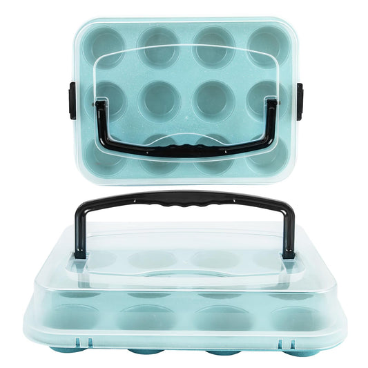Spmarkt Blue 12-Cup Muffin Pan with Lid, 2-Pack Metal Cupcake Pan with Handle, Portable Blue Muffin Pans Nonstick 12 with Cover Ideal for Easy Carrying, Holiday, Party and Travel