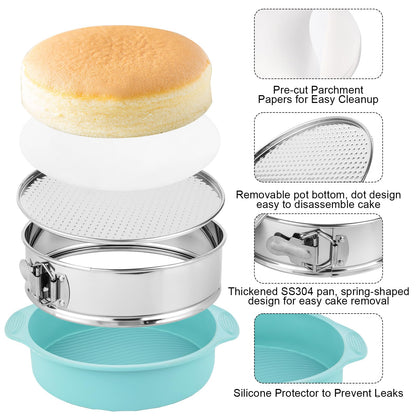 Spmarkt 9inch 304 Stainless Steel Springform Cake Pan with Detachable Bottom, Silicone Cheesecake Pan Protector, Parchment Paper, Decorating Kit Piping Bags and Tips- Ideal for Home Bakers