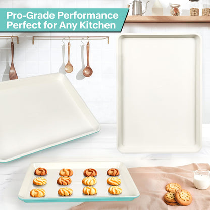 Spmarkt 3-Pack Blue Ceramic-Coating Baking Sheet Pans, PFOA/PFOS/PTFE-Free Nonstick Cookie Sheet Trays, 0.8mm Thick Heavy Duty, with Diamond Texture, Replacement Toaster Oven Tray for Everyday Baking