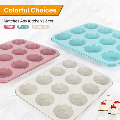 Spmarkt 2-Pack Pink Nonstick Muffin Pans, 12-Cup Muffin Cake Pan, 5-Layer Free PFOA/PFOS/PTFE Safe Cupcake Pan, Durable & Easy-Clean Muffin Cup for Baking