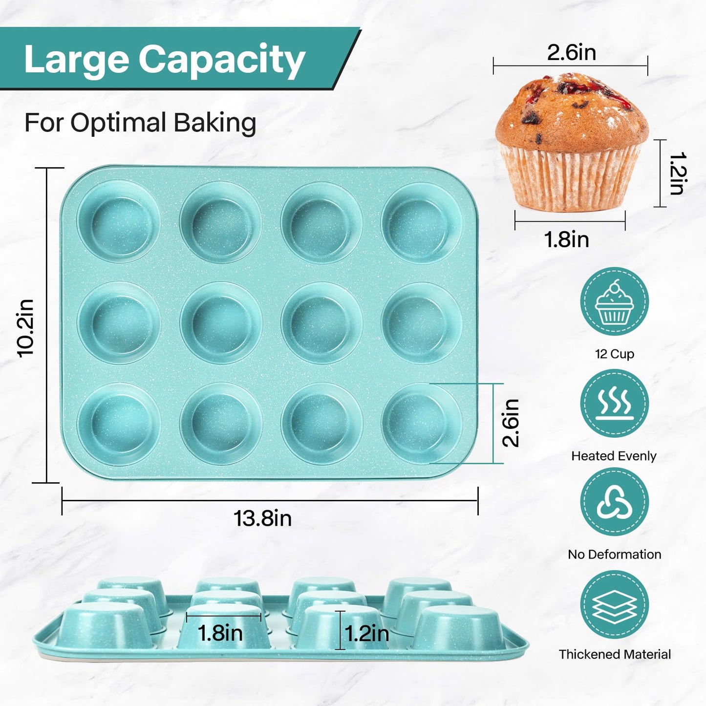 Spmarkt 2-Pack Pink Nonstick Muffin Pans, 12-Cup Muffin Cake Pan, 5-Layer Free PFOA/PFOS/PTFE Safe Cupcake Pan, Durable & Easy-Clean Muffin Cup for Baking