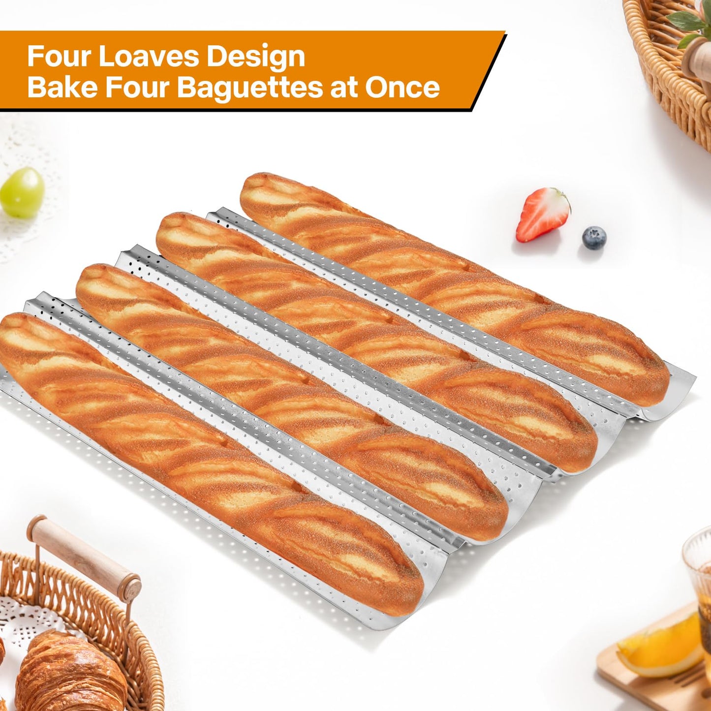 Spmarkt 4-Slot French Baguette Pan Set, Non-Stick French Bread Pan, Baguette Baking Pan with Proofing Cloth, Bread Lame, Home Baking Tools Kit for Homemade Bread