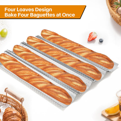 Spmarkt 4-Slot French Baguette Pan Set, Non-Stick French Bread Pan, Baguette Baking Pan with Proofing Cloth, Bread Lame, Home Baking Tools Kit for Homemade Bread