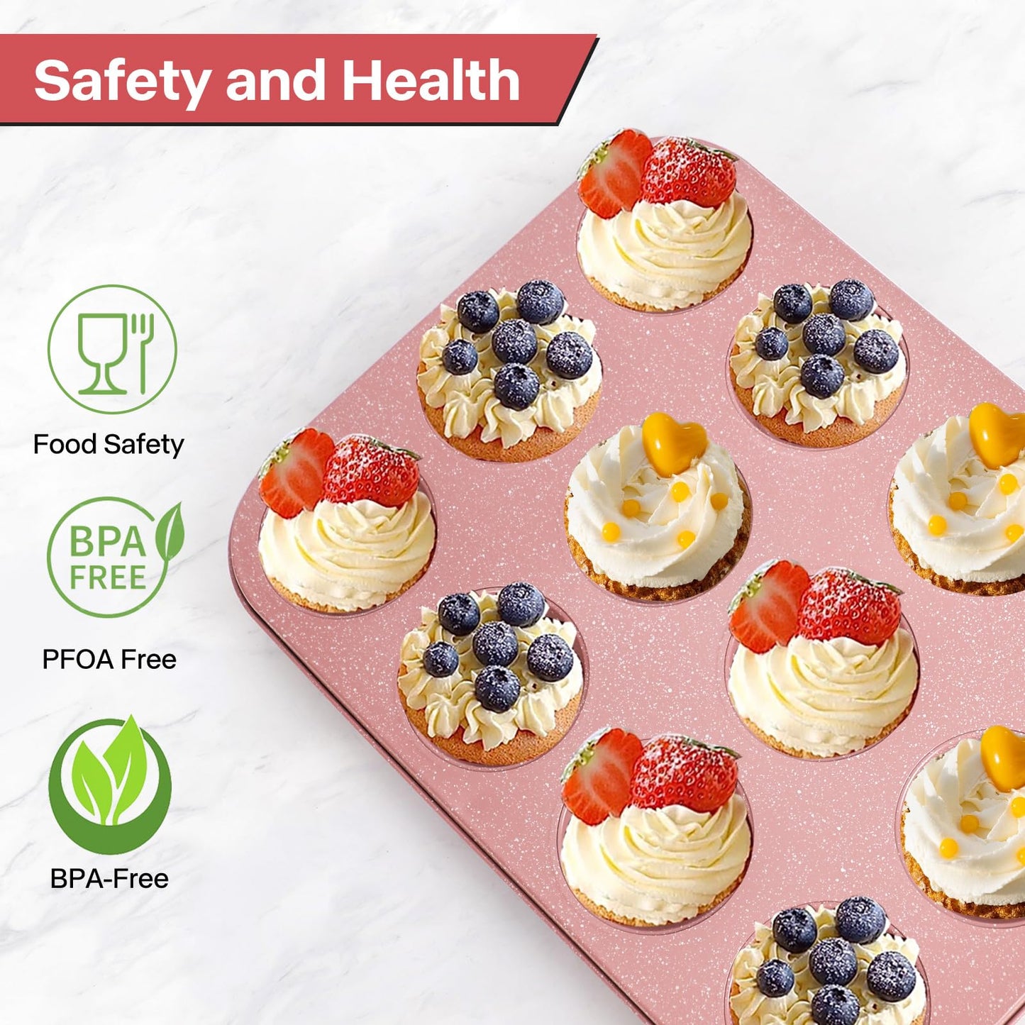 Spmarkt 2-Pack Pink Nonstick Muffin Pans, 12-Cup Muffin Cake Pan, 5-Layer Free PFOA/PFOS/PTFE Safe Cupcake Pan, Durable & Easy-Clean Muffin Cup for Baking