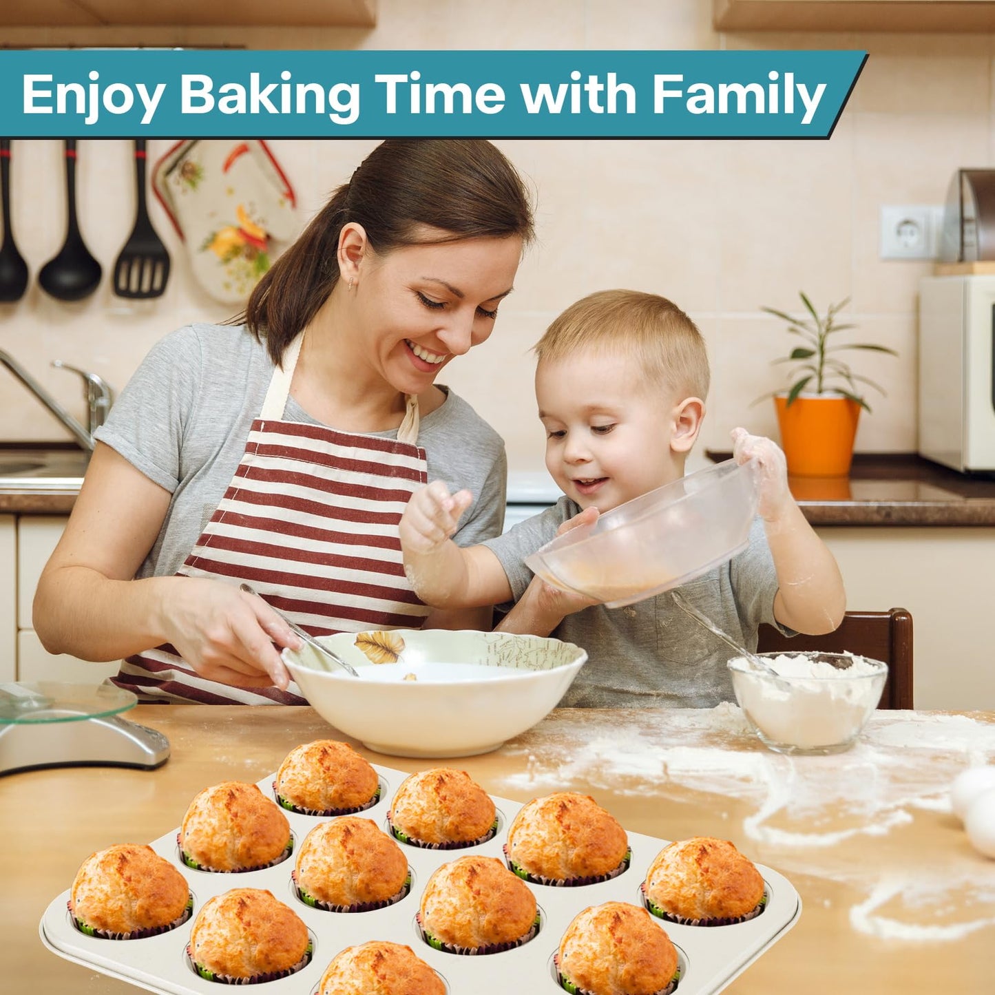 Spmarkt 2-Pack Beige Muffin Pan, Non-Stick 12-Cup Cupcake Pan with Lid, Cupcake Pan with Lid and Handle, Perfect for Holidays, Birthdays, and Family Gatherings