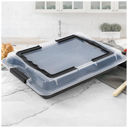 Spmarkt Ceramic-Coated Non-Stick Baking Pan with Carry Lid, 17inchx12inch Rectangular Cookie Sheets for Baking, Easy to Clean, Ovan Safe Baking Tray, Ideal for Party, and Outdoor Picnics (Black)
