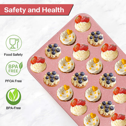 Spmart 2-Pack 24-Cup Nonstick Ceramic-Coated Mini Muffin Pan | Durable & Easy Clean Muffin Tins | Perfect for Small Baked Goods & Party Treats (Pink)