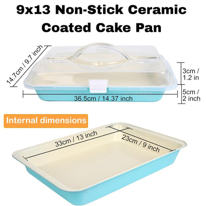Baking Pan with Lid and Handle, 9x13 Non-Stick Ceramic Coated Cake Pan, Rectangle Brownie Pan for Baking Transport and Outdoor Picnics