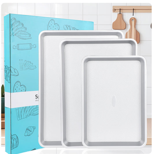 Spmarkt 3-Piece Non-Stick Baking Sheet Set | PFOA/PFOS/PTFE-Free, 0.8mm Heavy-Duty Steel with Diamond Texture Surface | Stackable Design for Roasting, Baking & Toasting