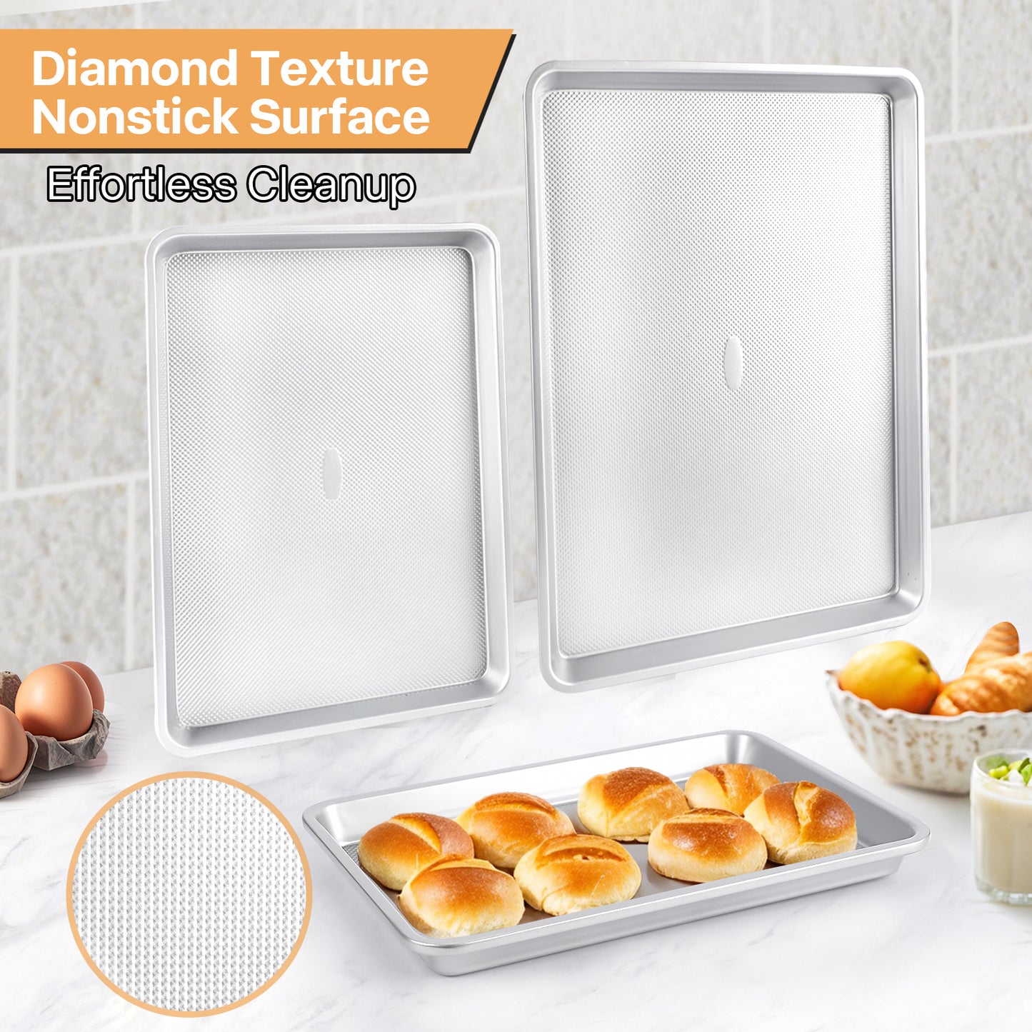 Spmarkt 3-Piece Non-Stick Baking Sheet Set | PFOA/PFOS/PTFE-Free, 0.8mm Heavy-Duty Steel with Diamond Texture Surface | Stackable Design for Roasting, Baking & Toasting